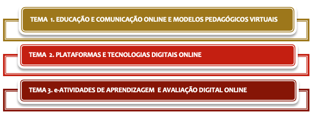 Tema 1: Educação e comunicação online e modelos pedagógicos virtuais; Tema 2: Plataformas e tecnologias digitais online; Tema 3: e-atividades de aprendizagem e avaliação digital online. 